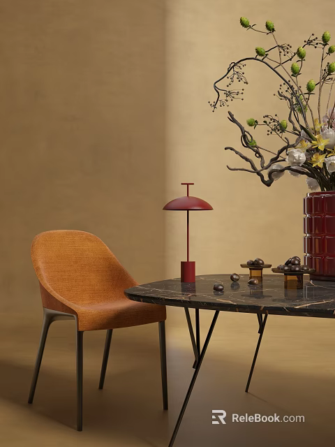Orange Upholstered Dining Chair With Black Marble Table And Red Table Lamp 3d model 