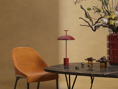 Orange Upholstered Dining Chair With Black Marble Table And Red Table Lamp 3d model
