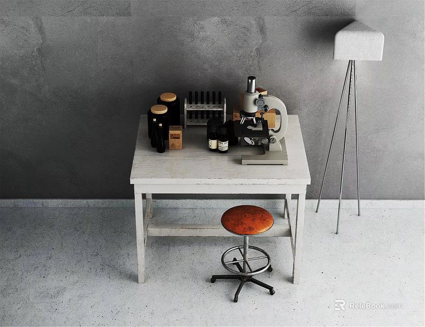 Practical Functional Desk With Microscope Test Tubes And Swivel Stool In Minimalist Workspace 3d model