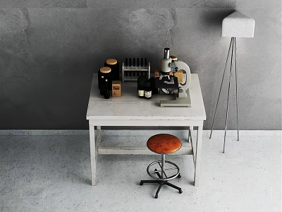Practical Functional Desk With Microscope Test Tubes And Swivel Stool In Minimalist Workspace 3d model
