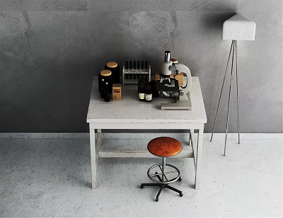 Practical Functional Desk With Microscope Test Tubes And Swivel Stool In Minimalist Workspace 3d model