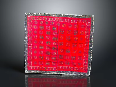 Red Square Patterned Silk Scarf With Intricate Traditional Design And Silver Trim 3d model