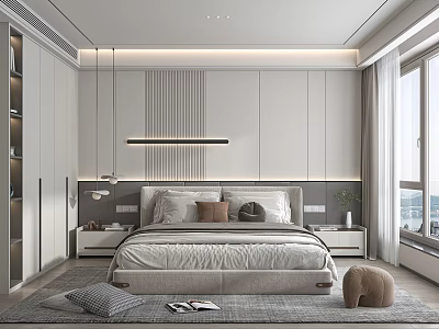 Modern Bedroom Interior With Striped Wall Panel Hanging Light Bedside Tables Soft Rug And Window 3d model