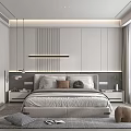 Modern Bedroom Interior With Striped Wall Panel Hanging Light Bedside Tables Soft Rug And Window