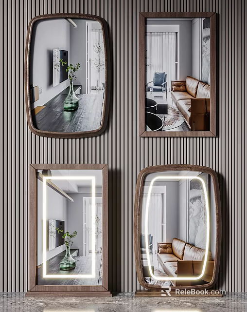 Decorative Wall Mirrors With Wooden Frames Lighted Edges And Interior Reflections 3d model 