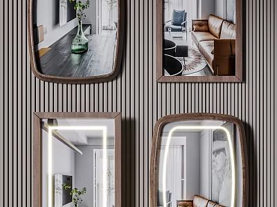 Decorative Wall Mirrors With Wooden Frames Lighted Edges And Interior Reflections 3d model