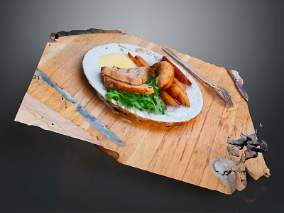 Delicious Grilled Meat Dish With Crispy Fries And Fresh Green Salad On Wooden Cutting Board 3d model