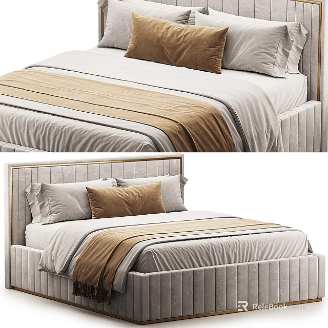 Modern Upholstered Double Bed With Striped Headboard Neutral Bedding And Brown Gray Pillows 3d model 