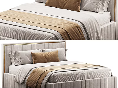 Modern Upholstered Double Bed With Striped Headboard Neutral Bedding And Brown Gray Pillows 3d model