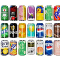 Variety of Branded Beverage Cans with Different Flavors on