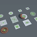 Assorted Shaped Tree Grates With Green Centers And Wooden White Borders 3d model