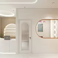 Yue Jiaoniang Reception Counter Area With White Cabinets Curved Column Circular Light And Green Plant