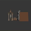 Detailed Rustic Themed Scene Setup With Rock Formation Wooden Tables Logs And Tower Structure