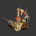 Pirate Ship Model With Skull Shaped Hull Tower Flags Colorful Sails And Decorative Details