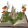 Magical Garden Plants in Open Book Scene With Castle Mushrooms Grass Flowers and Tree