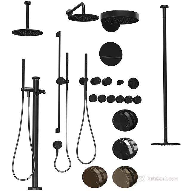 Black Shower Set with Rainfall Head Handheld Wand Mounting Rod and Knobs 3d model