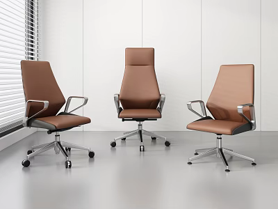 Three Brown Leather Office Chairs With Metal Armrests And Wheels In Modern Office Setting 3d model