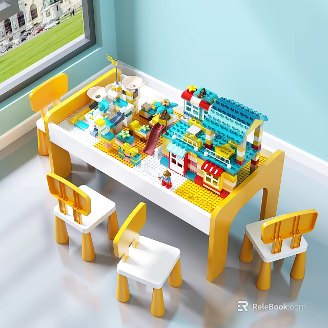 Yellow And White Children's Table With Building Blocks Slide And Chairs For Kids Play 3d model 