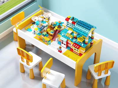 Yellow And White Children's Table With Building Blocks Slide And Chairs For Kids Play 3d model