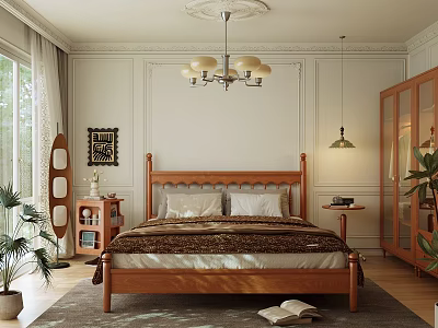 Cozy Bedroom Interior Design With Wooden Bed Chandelier White Walls Rug And Plants 3d model