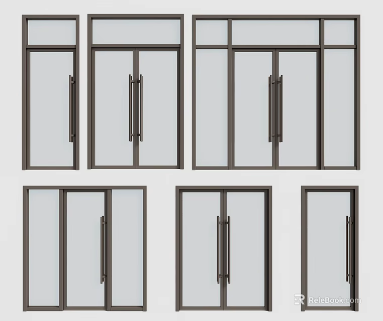Modern Glass Swing Doors With Various Metal Frames And Handle Designs 3d model 