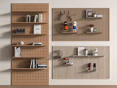 IKEA Style Wooden Pegboard Wall With Various Hanging Organizers And Decorative Items 3d model