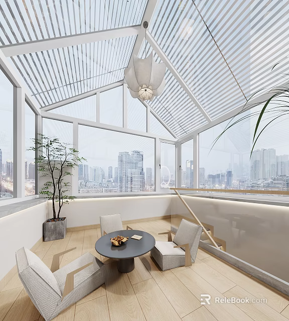 Modern Villa Balcony With Large Windows City View Cozy Seating And Plants 3d model 