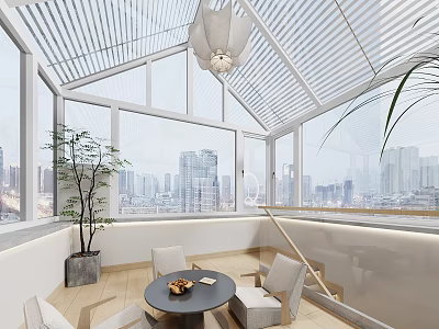 Modern Villa Balcony With Large Windows City View Cozy Seating And Plants 3d model