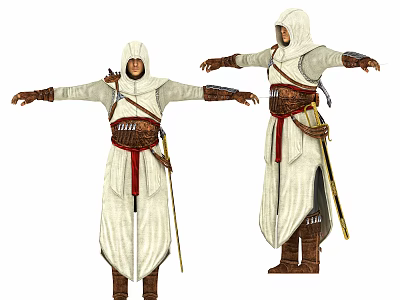 Hooded Game Movie Character In White Robe Arms Outstretched With Red Belt Quiver And Sword 3d model