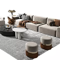 Modern Gray Sofa and Coffee Table Set with Decorative Pillows Throw Blanket Stools and Rug 3d model