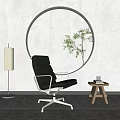 Black Leather Leisure Chair With Round Mirror Floor Lamp And Wooden Stool On Soft Rug