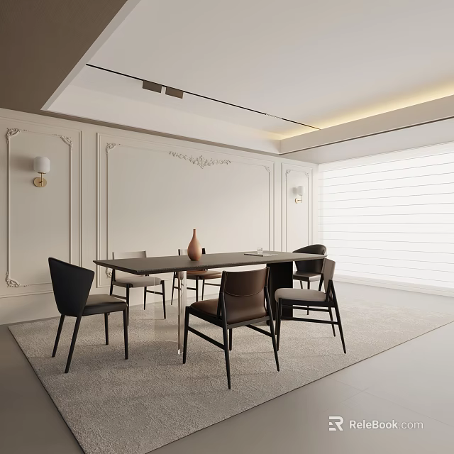 Elegant Modern Dining Table Set With Black Chairs And White Wall Moldings 3d model
