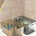 Gold And Green Striped Decorative Storage Boxes With Metal Handles And Perfume Bottles