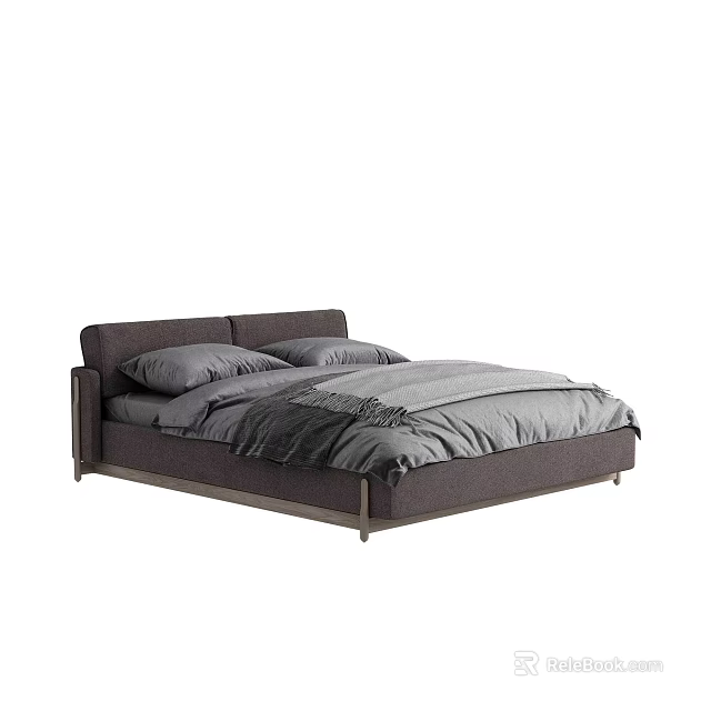 Modern Upholstered Double Bed With Gray Headboard Two Pillows And Simple Frame Design 3d model