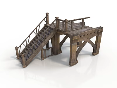 Rustic Wooden Architectural Structure With Staircase Platform Railings And Support Beams 3d model