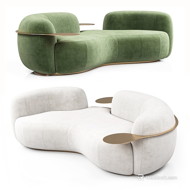 Modern Curved Sectional Sofa in Green and White Plush Fabric with Metallic Accents 3d model 