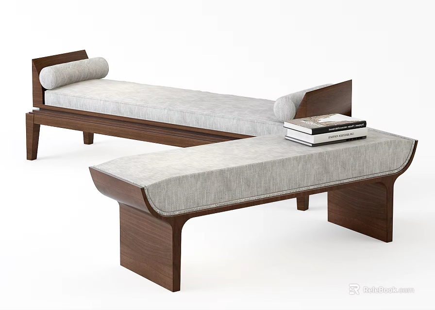 Modern Walnut Ottoman and Bench with Light Gray Cushions and Stack of Books 3d model 