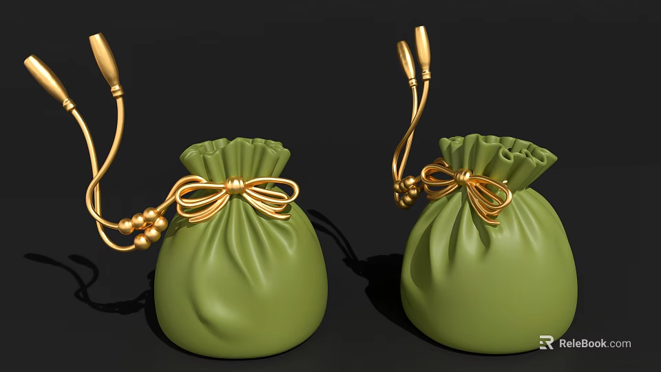 Green Decorative Drawstring Bags With Golden Bow And Beads For Daily Use 3d model 