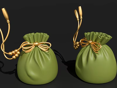 Green Decorative Drawstring Bags With Golden Bow And Beads For Daily Use 3d model