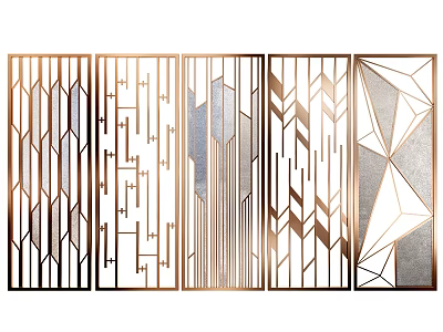 Modern Decorative Room Dividers With Gold Frame And Geometric Glass Patterns 3d model