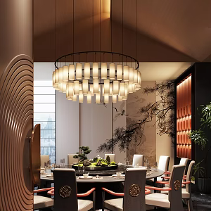 New Chinese-style Box Restaurant Box Chandelier Plant Dining Table and Chair 3d model