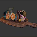 Wooden Cutting Board Display With Sliced Fish Decorative Bottle And Yellow Object