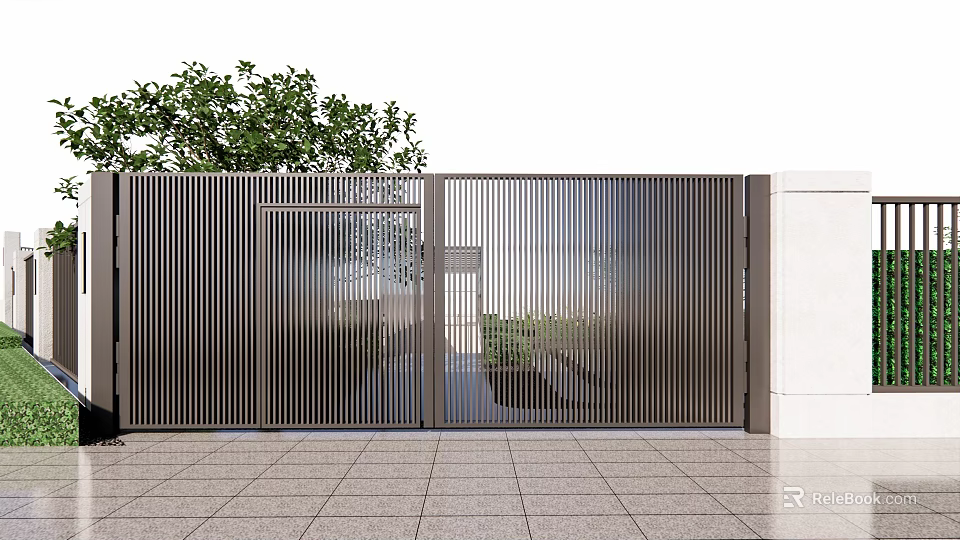 Modern Metal Slatted Entrance Gate With Green Trees And Stone Paved Ground 3d model 