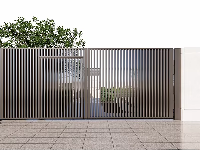 Modern Metal Slatted Entrance Gate With Green Trees And Stone Paved Ground 3d model
