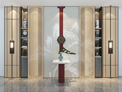Traditional Chinese Style Sofa Background Wall With Wooden Screens And Decorations 3d model