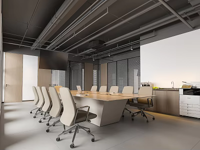 Modern Industrial Conference Room With Large Wooden Meeting Table And Multiple Ergonomic Comfortable Office Chairs 3d model