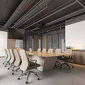 Modern Industrial Conference Room With Large Wooden Meeting Table And Multiple Ergonomic Comfortable Office Chairs