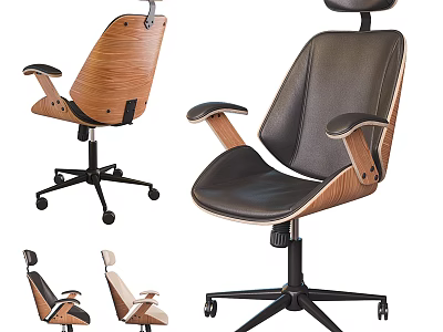 Modern Office Chair Featuring Black Leather Upholstery And Wooden Armrests Swivel Design 3d model