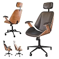 Modern Office Chair Featuring Black Leather Upholstery And Wooden Armrests Swivel Design