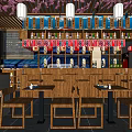 Traditional Asian Restaurant Interior With Wooden Tables Bar Counter Red Lanterns And Wine Bottles